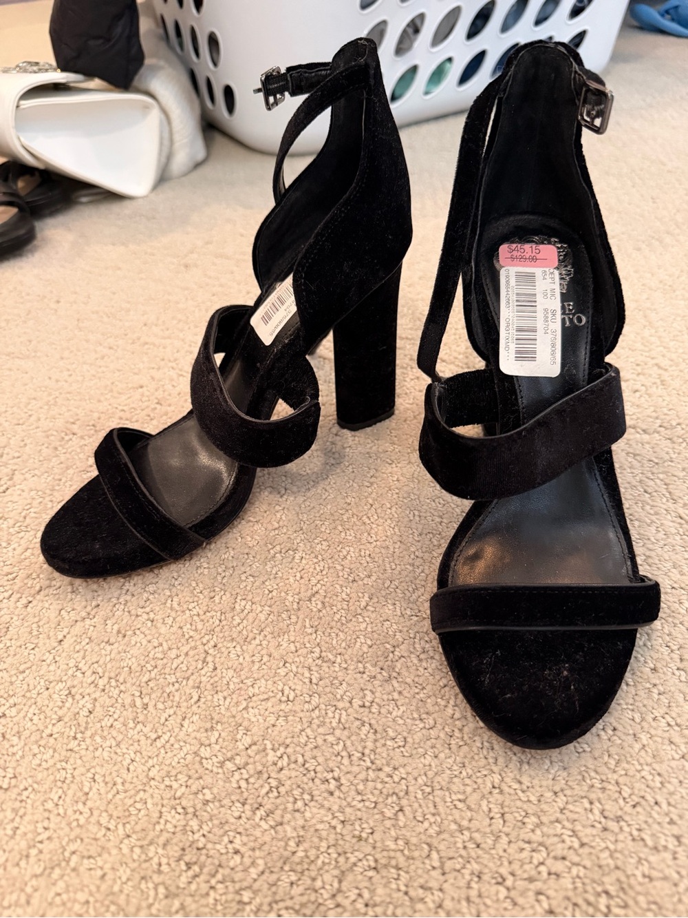 Vince Camuto Black Velvet Strappy Block Heel Sandals